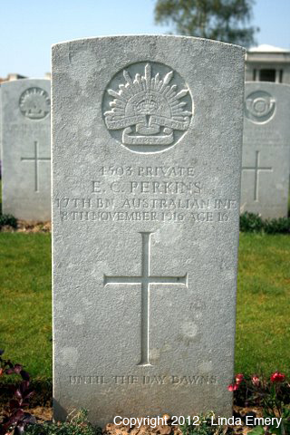 Image of EC Perkin's 4503 Grave, Commonwealth War Graves Cemetery, Grass Lane, Flers, Image courtesy of Linda Emery 2007