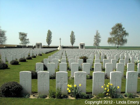 Image of the Commonwealth War Graves Cemetery, Grass Lane, Flers. Looking to the front of the Cemetery. Image courtesy of Linda Emery 2007